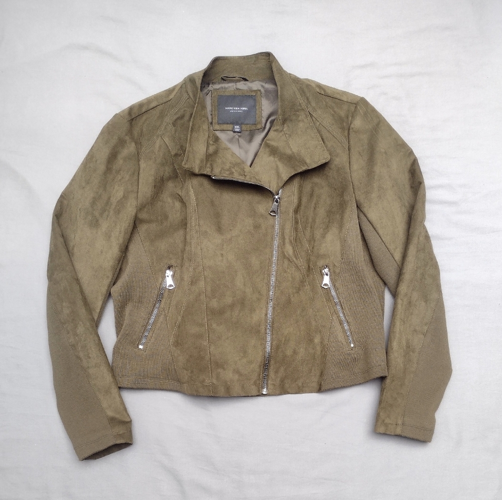 Marc New York Andrew Marc Faux Suede Stretch Panel Zip Up Moto Jacket Green XXL